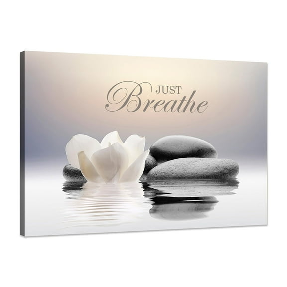 Zen Stone Canvas Wall Art Just Breathe Yoga Quotes Poster for Spa Decor White Lotus Flower Pictures Prints for Bathroom Modern Spiritual Artwork