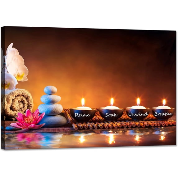 Zen Stone Canvas Wall Art - Just Breathe Yoga Quotes, White Lotus Flower Spiritual Artwork Framed Modern Decor for Bathroom Spa Living Room Bedroom