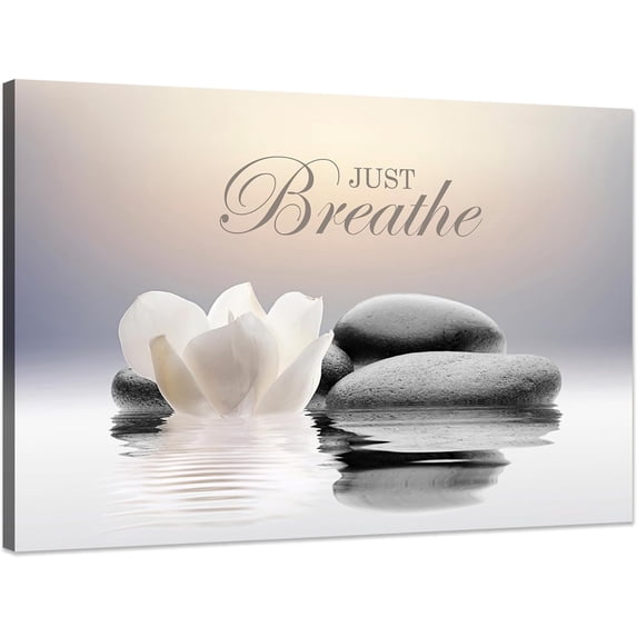Zen Stone Canvas Wall Art - Just Breathe Yoga Quotes, White Lotus Flower Spiritual Artwork Framed Modern Decor for Bathroom Spa Living Room Bedroom