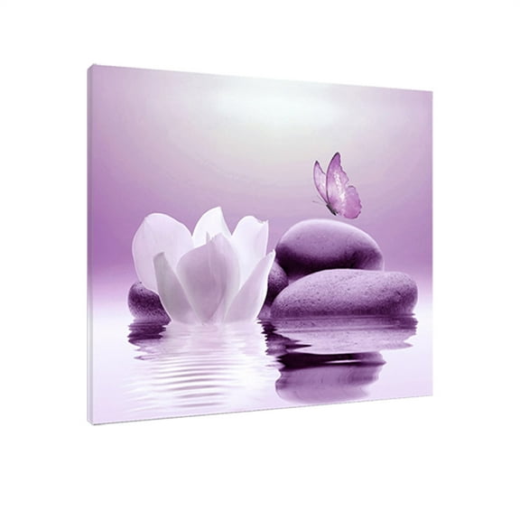 Zen Stone Canvas Wall Art, Water And Purple Butterfly, Bathroom Living Room Bedroom Yoga Spa Picture Wall Decor, Zen Stone Canvas ArtforYoga Spa Decor, Purple Butterfly Wall Art