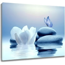 Zen Stone Canvas Wall Art White Flower and Yellow Butterfly on Lake Wall Art for Bathroom Living Room Bedroom Modern Spiritual Yoga Spa Picture Canvas Wall Decor Zen Art,16x12 Inches