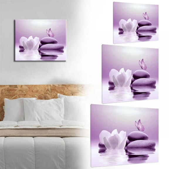 Zen Stone Canvas Wall Art with Water and Purple Butterfly, Serene Picture for Bathroom, Living Room, and Yoga Spa Decor
