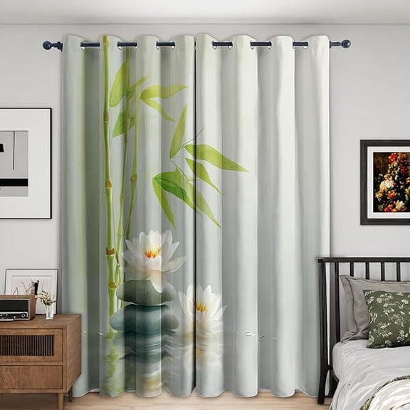 Zen Stone Curtains Blackout, Bamboo Nature Orient Meditation Spa Curtains, Drapes, Eyelet Thermal Window Treatments for Bedroom, Living Room, Zen Stone Home Decor 53"W x 96"L (Pack of 2)