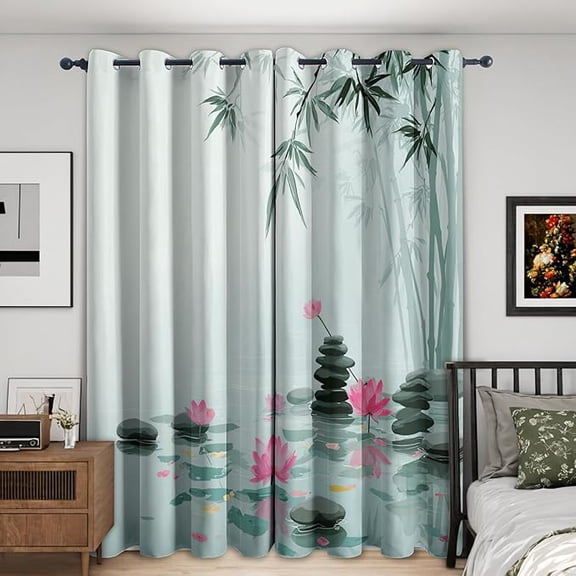 Zen Stone Curtains Blackout, Bamboo Nature Orient Meditation Spa Curtains, Drapes, Eyelet Thermal Window Treatments for Bedroom, Living Room, Zen Stone Home Decor 26"W x 45"L (Pack of 2)