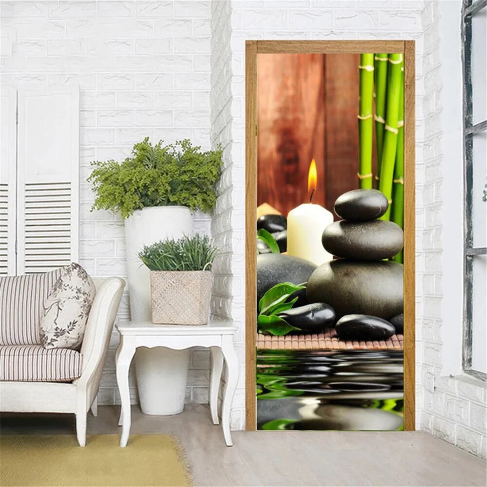 Zen Stone Green Bamboo Door Stickers Wallpaper Flower Butterfly Leaves ...