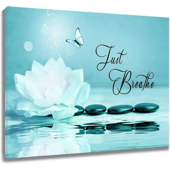 Zen Stone Inspirational Canvas Wall Art Turquoise Water Lily Butterfly Pictures Wall Decor Modern Yoga Spa Spiritual Framed Wall Art for Living Room Bedroom Bathroom Dorm,12L X 16W inches