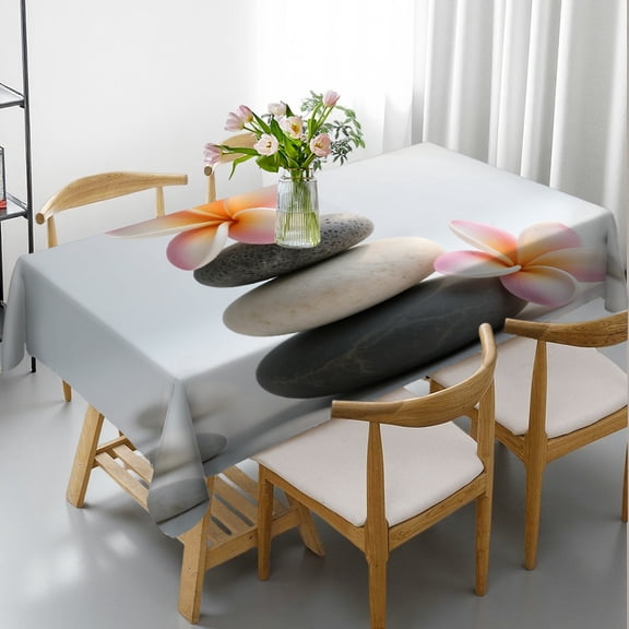 Zen Stone with Orange Flower Rectangular Tablecloth, Festive Table Setting - Kitchen Accessories Rectangle tables, Cafe, dinner, brunch, buffet, picnic, wedding, party