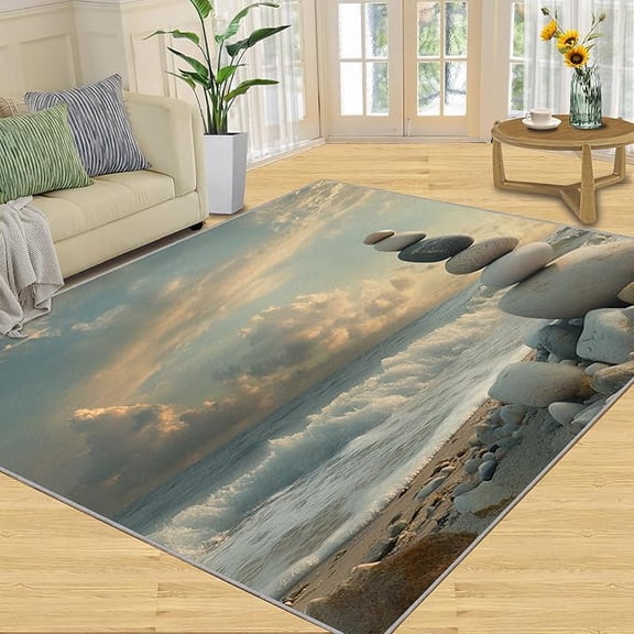 Zen Stone Rug, Coastal Beach Washable Rugs for Living Room, Summer Sea Carpet, Landscape Non-Slip Area Rugs for Bedroom, Ocean Beach Carpet, Basalt Stones Home Decor 5 x 8ft