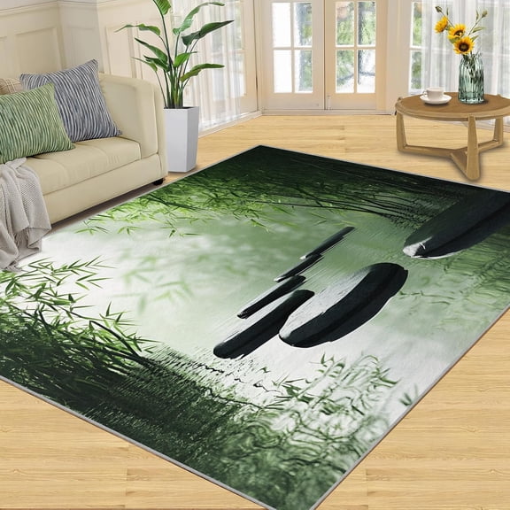 Zen Stone Rug for Living Room, Bamboo Theme Area Rug, Meditation Spa Washable Rugs for Bedroom, Non Slip Soft Japanese Indoor Carpet Home Decor, Natural Landscape Gifts-5' x 8'