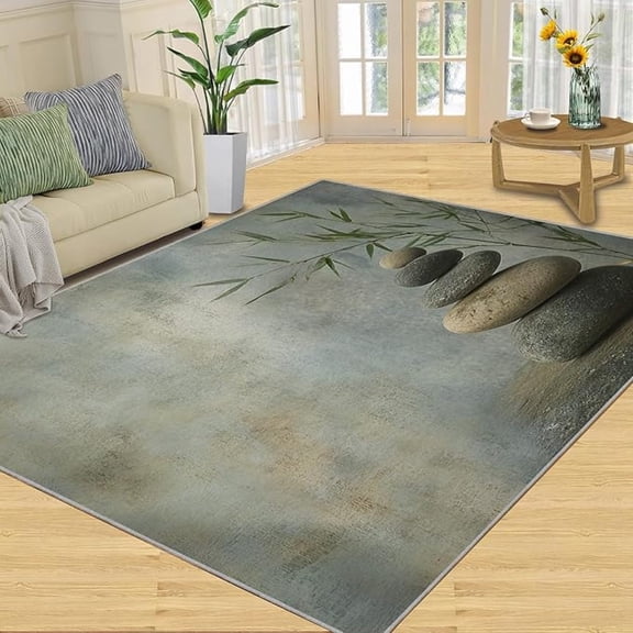 Zen Stone Rugs for Bathroom, Bamboo Rug - Home Decor, Oriental Area Rug, Natural Landscape Rugs for Bedroom, Spa Stone Carpet, Fashion Carpet for Dining Room 5 x 8ft