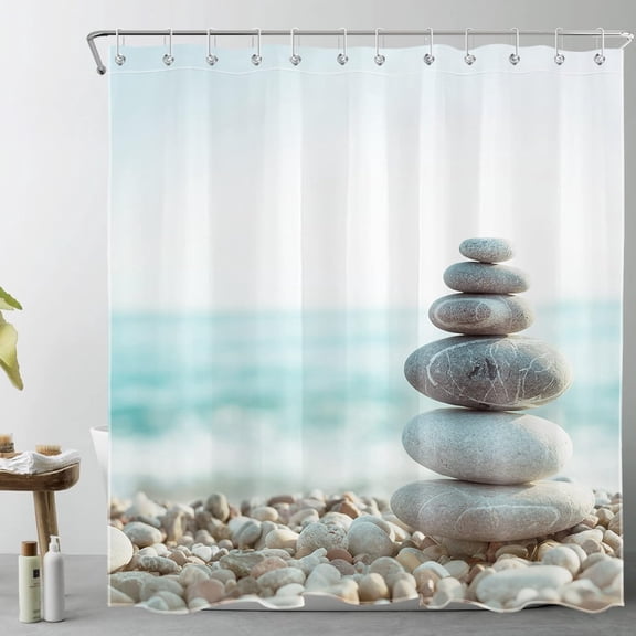 Zen Stone Shower Curtain Teal Ocean Wave Shower Curtain Set Pebble on Beach Shower Curtains for Bathroom Waterproof Washable Fabric with Hooks,72x72 inch