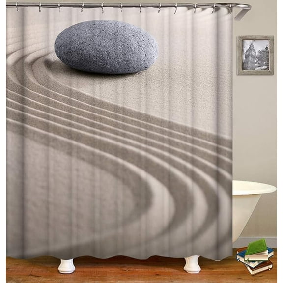Zen Stone Shower Curtains Fabric, Stacked Stones In Raked Sand Relaxation Therapy Polyester Cloth Print Bathroom Curtains Include Hooks Set 36"W x 72"L