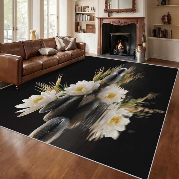 Zen Stone Spa Area Rugs, Gray Stone Blue Lotus Meditation Pattern Carpet, Washable Non Slip Low Pile Soft Rug for Living Room Bedroom Decor Mat 5x8ft