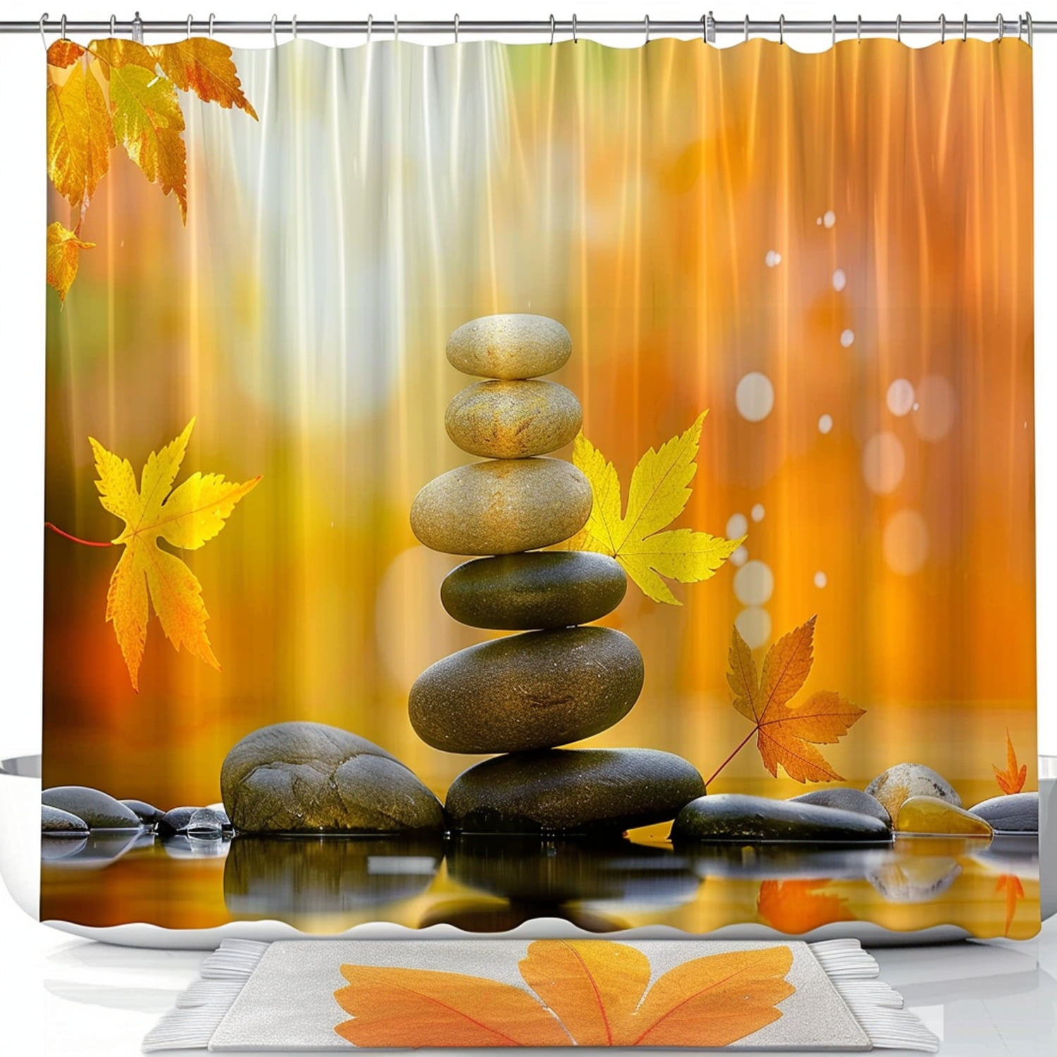 Zen Stone Stacked Shower Curtain with Leaves Background Calming