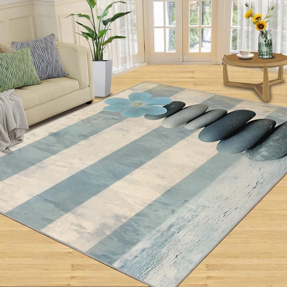 Zen Stones Area Rug, Rock Rugs for Living Room, Blue Flower Carpet, Blue and White Striped Washable Area Rugs for Bedroom, Farmhouse Style Carpet, Zen Home Decor-5' x 8'