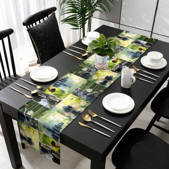 Zen Stones Cotton Linen Table Runner 13 x 70 inch Nature Water Reflection Checkered Non-slip Rectangular Dining Table Decor for Wedding Party Holiday Dinner