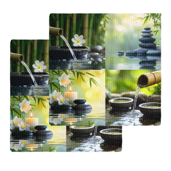 Zen Stones Dish Towels Set, Waffle Weave Kitchen Towels 2 Pieces, Nature Water Reflection Checkered Microfiber Hair Face Bath Tea Towel Absorbent Quick Drying Cleaning Dish Cloths, 12"x12"