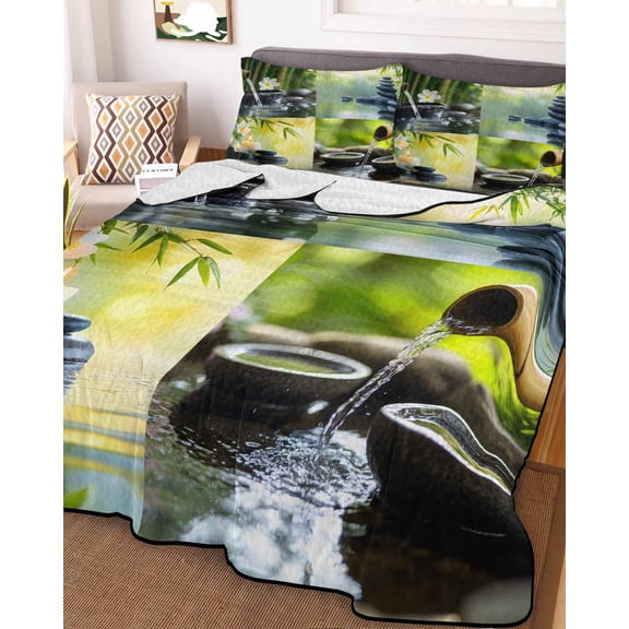 Zen Stones King Size Down Alternative Comforter, Lightweight Comforter Quilt Bedding Set with Pillow Shams Nature Water Reflection Checkered All Seasons Bed Comforter Duvet Insert 96"x106"