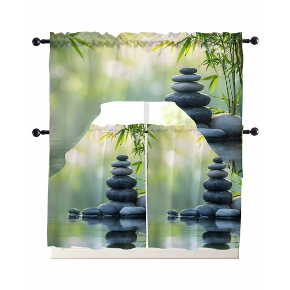 Zen Stones Kitchen Curtains Sets 24 Inch Length with Valance, Nature Water Reflection Country Botanical Swag Valances and Tiers Curtain Set Drapes Swag Curtains for Living Room, Bathroom, Bedroom