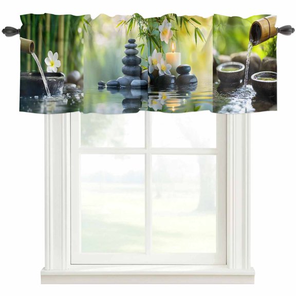 Zen Stones Kitchen Valances for Windows, Nature Water Reflection Checkered Bathroom Window Valances 42x18 Inch Rod Pocket Window Treatments Valance Curtains for Living Room Bedroom Decor