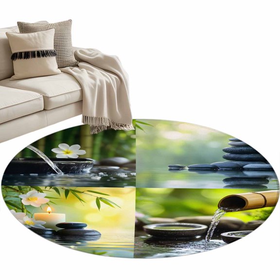 Zen Stones Large Area Rugs for Bedroom Living Room, Soft Non Slip Carpet Bedside Rug, Nature Water Reflection Checkered Round Floor Cover Kitchen Accent Rug 3' for Dining Room/Office