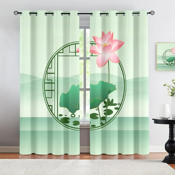 Zen Stones Lotus Eyelet Blackout Curtains, Landscape Painting Art 3D Printing Grommet Curtains, Thermal Insulated Window Treatments For Bedroom Living Room Office 26"W x 84"L (Pack of 2)