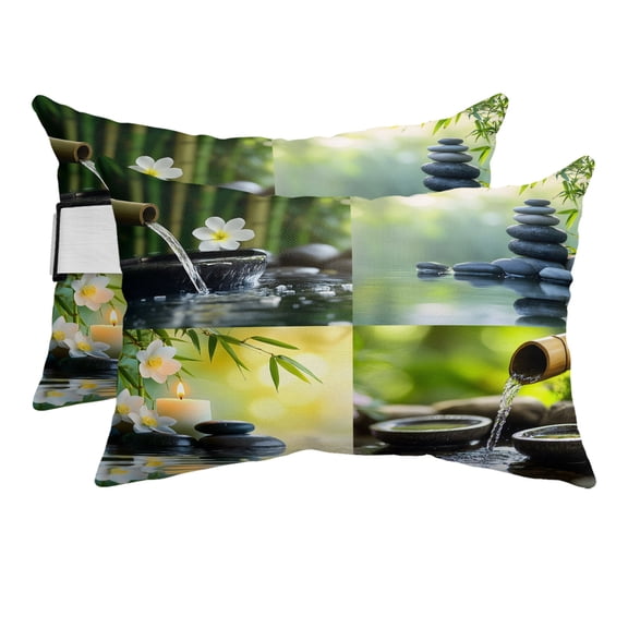 Zen Stones Outdoor Pillows for Chaise Lounge Chair Beach Headrest Pillow Set of 2 Waterproof Lumbar Pillows with Insert&Strap Nature Water Reflection Checkered Pillow for Patio Pool 12"x20"