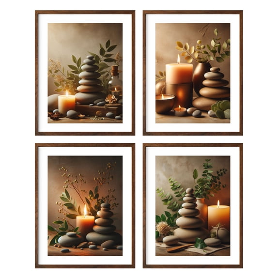 Zen Stones Relax and Calm Massage Laundry Room Bathroom Decor Set of 4 Framed Bamboo Wall Art Print