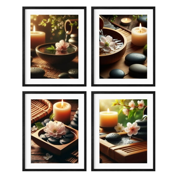 Zen Stones Relax and Calm Massage Laundry Room Bathroom Decor Set of 4 Framed Bamboo Wall Art Print