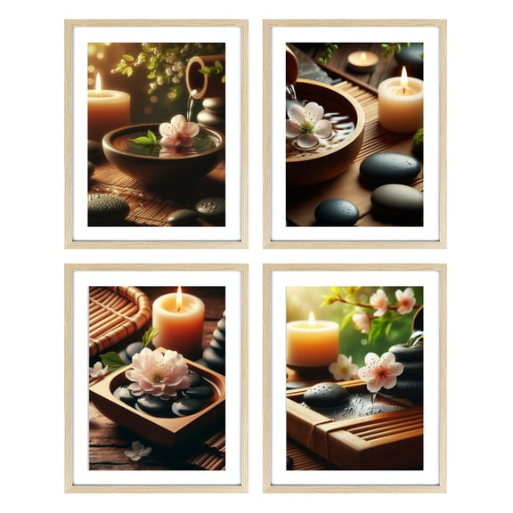 Zen Stones Relax and Calm Massage Laundry Room Bathroom Decor Set of 4 Framed Bamboo Wall Art Print