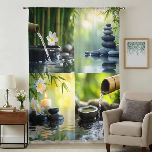 Zen Stones Sheer Curtains 54 Inches Long, Nature Water Reflection Checkered Light Filering Curtains, Breathable Simi Curtain Privacy Drapes for Kitchen Bathroom Lightweight Small Window Treatment