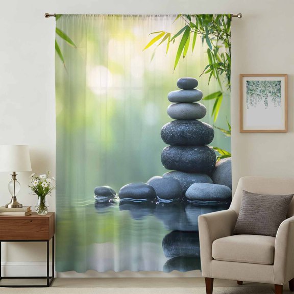 Zen Stones Sheer Curtains 54 Inches Long, Nature Water Reflection Country Botanical Light Filering Curtains, Breathable Simi Curtain Privacy Drapes for Kitchen Bathroom Small Window Treatment