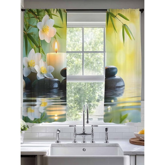 Zen Stones Sheer Curtains for Living Room Bedroom Nature Water Reflection Floral Farmhouse Sheer Curtains 63 Inch Long 2 Panels Set Light Filtering Curtain Window Treatments Drapes for Dining Room