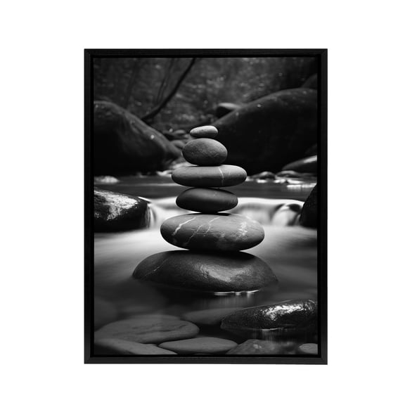 Zen Stones Stack In River Black White Photo Black Framed Canvas Art Print 18X24"