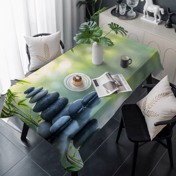 Zen Stones Table Cloth Waterproof Tablecloths, Nature Water Reflection Country Botanical Tablecloth Dining Table Cover for Kitchen Party Tabletop Outdoor, Rectangle Tablecloth 60x120 Inch