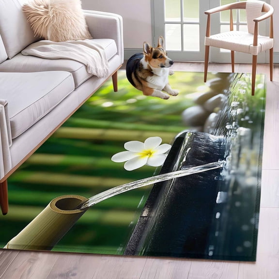 Zen Stones Water Flowing Area Rug 3x5 Washable Rug Non Slip Floral Green Forest Large Area Rug Indoor Floor Carpet for Entryway Bedroom Kitchen Living Room Home Office Dining Room Nursery