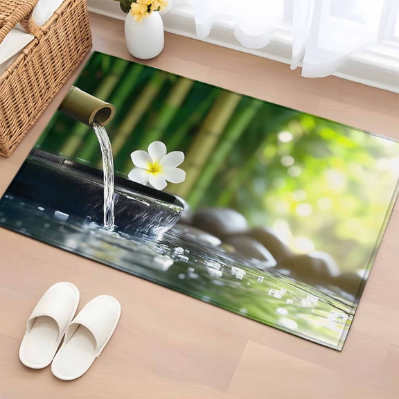 Zen Stones Water Flowing Bathroom Rug Washable 2x3 Entryway Rug Non Slip Floral Green Forest Front Door Mat Low Pile Indoor Doormat Throw Floor Carpet for Kitchen Bedroom Entrance
