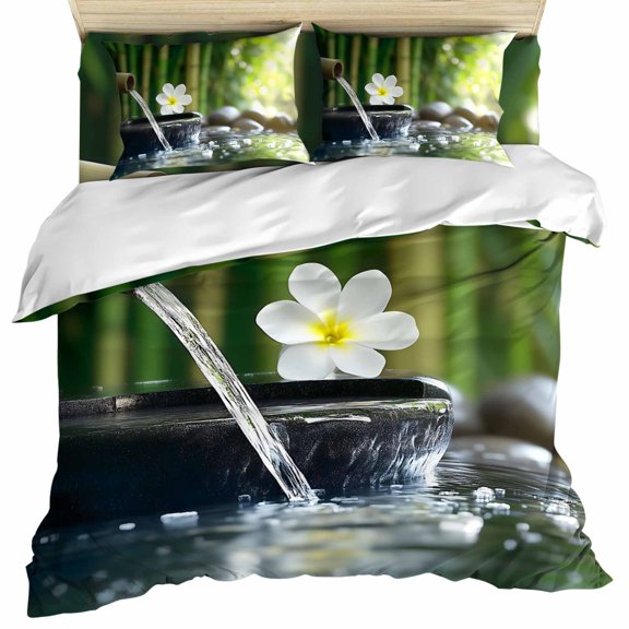 Zen Stones Water Flowing Duvet Cover Set, Floral Green Forest Soft Duvet Cover Twin Size Bedding Set 4 Pieces, 1 Quiltcover and 2 Pillowcases with Zipper, 1 Bed Sheet for All Seasons