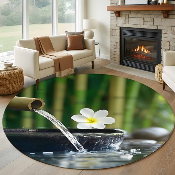 Zen Stones Water Flowing Round Area Rug 6 FT, Non Slip Bedroom Area Rug, Floral Green Forest Washable Soft Circular Carpet Non-Shedding Floor Mat for Kitchen Dining Room Home Office Kids Room