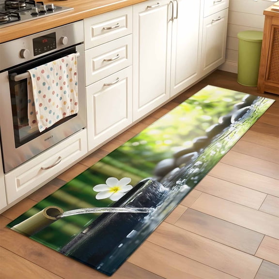 Zen Stones Water Flowing Runner Rug 2x6 FT, Non Slip Hallway Carpet, Floral Green Forest Washable Soft Floor Carpet Throw Runner Carpet Long Rug for Entryway Kitchen Bedside Sliding Door