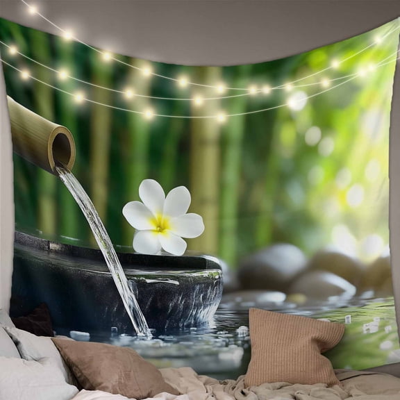 Zen Stones Water Flowing Small Tapestry for Bedroom Wall Hanging Tapestry, Floral Green Forest Ceiling Backdrop Tapestries Poster Blanket Wall Decor for Teens Room Living Room Dorm 23" x 28"