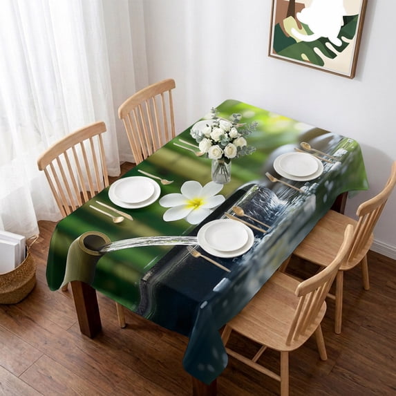 Zen Stones Water Flowing Table Cloth Waterproof Tablecloths, Floral Green Forest Tablecloth Dining Table Cover for Kitchen Party Tabletop Outdoor, Rectangle Tablecloth 60x84 Inch