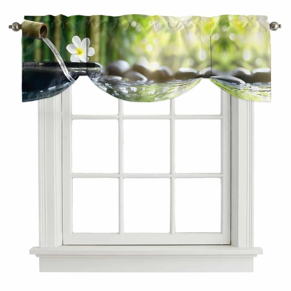 Zen Stones Water Flowing Tie Up Valance Curtains for Windows, Kitchen Curtains Window Shades, Floral Green Forest Light Filtering Roman Curtain Valances for Bedroom/Bathroom/Cafe 42"x12"