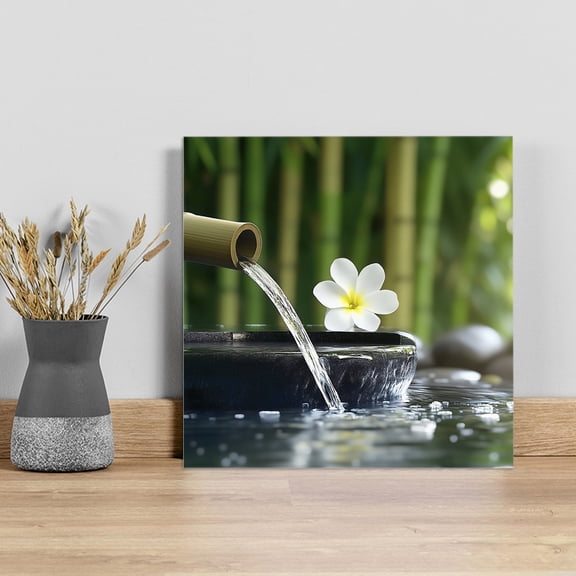 Zen Stones Water Flowing Wall Art Painting on Canvas, Floral Green Forest Canvas Art Home Prints Wall Art Framed Modern Artwork for Living Room Bedroom Wall Decor 8x8in