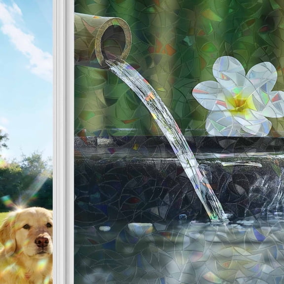 Zen Stones Water Flowing Window Privacy Film Stain Glass,Reusable Decorative Rainbow Window Film,Floral Green Forest Non-Adhesive Static Cling Sun Blocking Stickers Decals Covers 17.7" x 39.3" (2pcs)