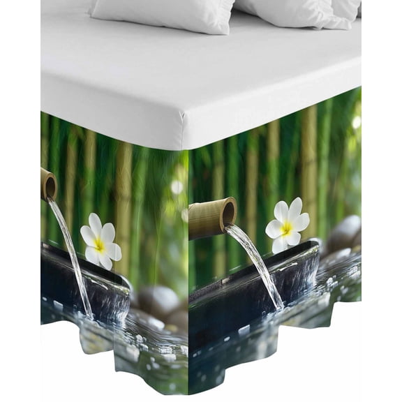 Zen Stones Water Flowing Wrap Around Bed Skirts for Queen Bed 16" Drop, Bed Skirt with Adjustable Elastic Belt Dust Ruffle Bed Valance for Bedroom Hotel Luxury Floral Green Forest Bed Frame Cover