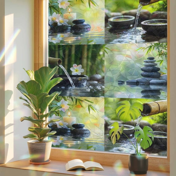 Zen Stones Window Privacy Film Rainbow Static Cling Stain Glass Window Film for Glass Door, Decorative Sunroof Decal Sticker for Car Bathroom Home 23.6"x59" Nature Water Reflection Checkered