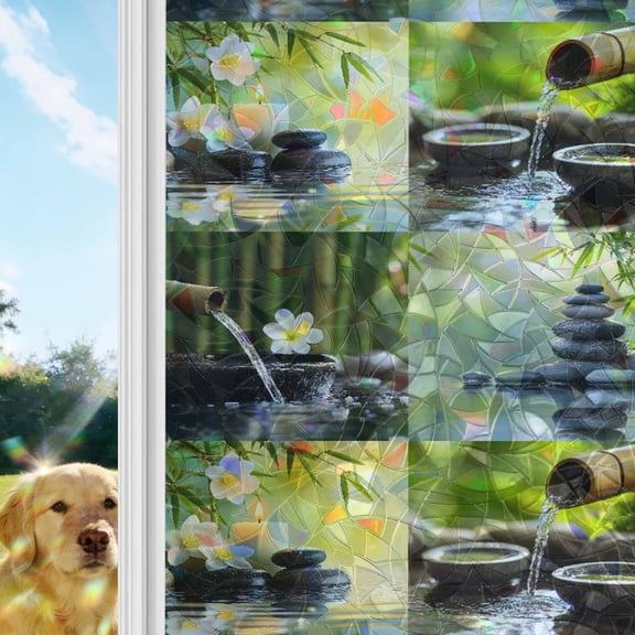 Zen Stones Window Privacy Film Stain Glass, Reusable Decorative Rainbow Window Film, Nature Water Reflection Checkered Non-Adhesive Static Cling Sun Blocking Stickers Decals Covers 23.6" x 59" (2pcs)
