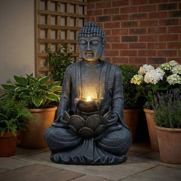 Zen-Style 2-Tier Meditating Buddha Water Fountain with Pump & LED Light, Outdoor Waterfall & Buddha Statue for Garden, Patio & Backyard, 28" Height