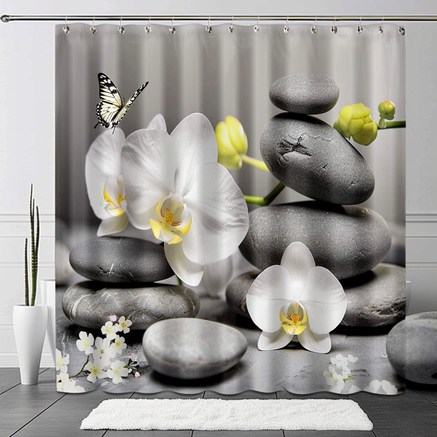 Zen Style Bathroom Decor Shower Curtain with Butterfly and White Flower ...
